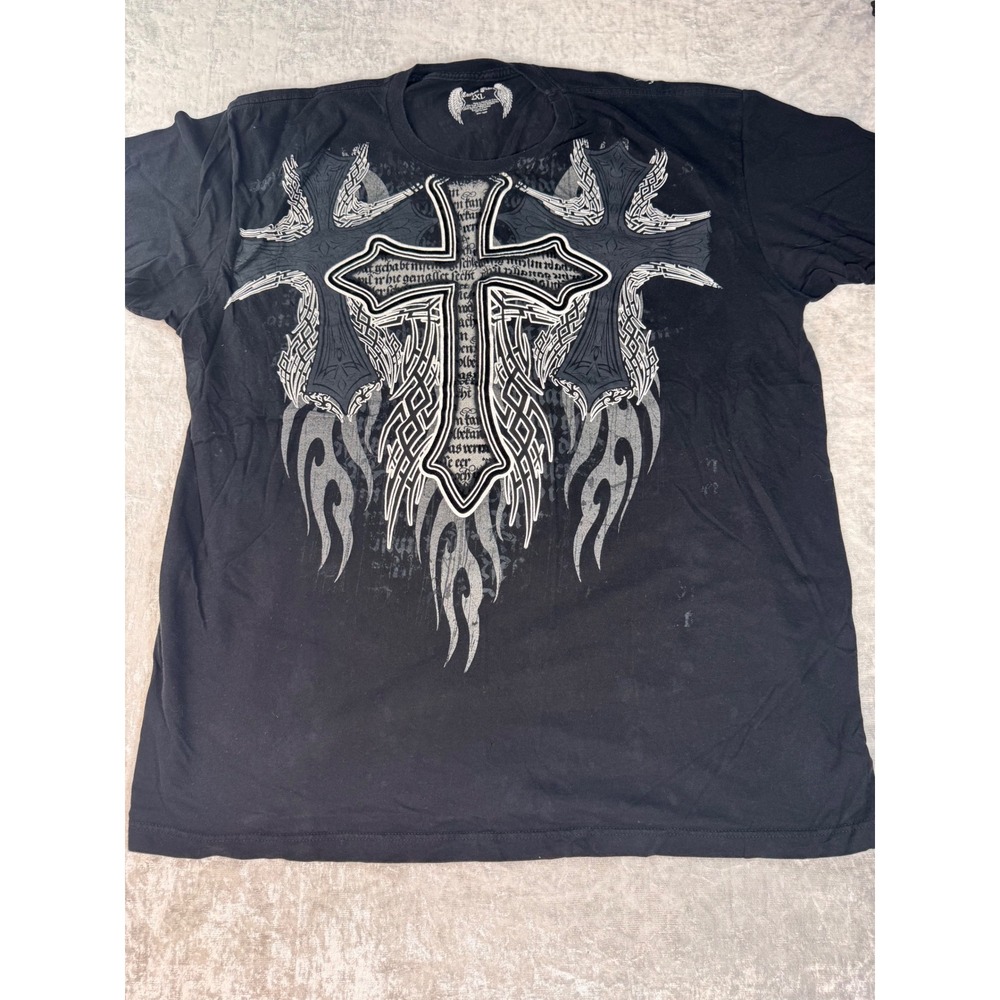 Carbon Black Graphic T-Shirt Cross Wings 2XL Black Cotton Blend‎
